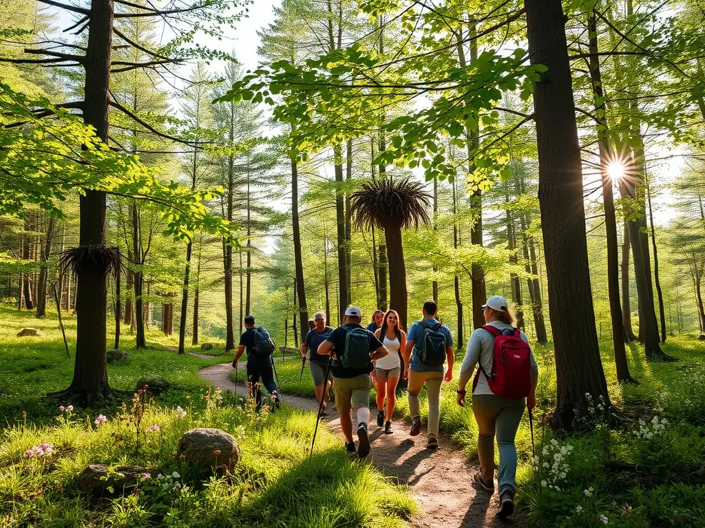 A scenic image of a group of people hiking through a mountain trail, surrounded by lush greenery and breathtaking views.