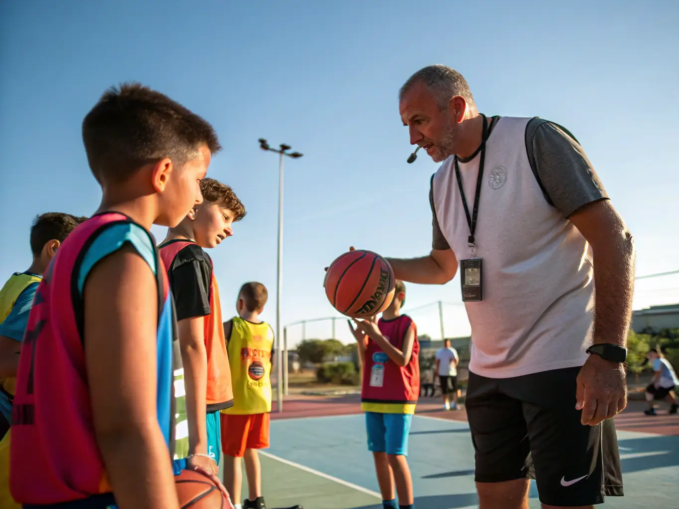 A dynamic image showcasing a group of children participating in a basketball training session, with a coach providing guidance and encouragement.