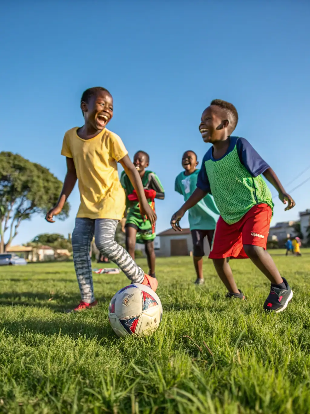 A group of children laughing and playing various sports in a sunny park, representing the fun and inclusive environment of CLUB DES SPORTS DU LIORAN.
