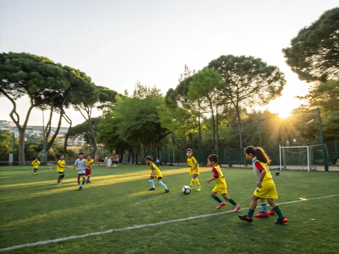 A vibrant image of children participating in a soccer training session at CLUB DES SPORTS DU LIORAN, showcasing teamwork and skill development.