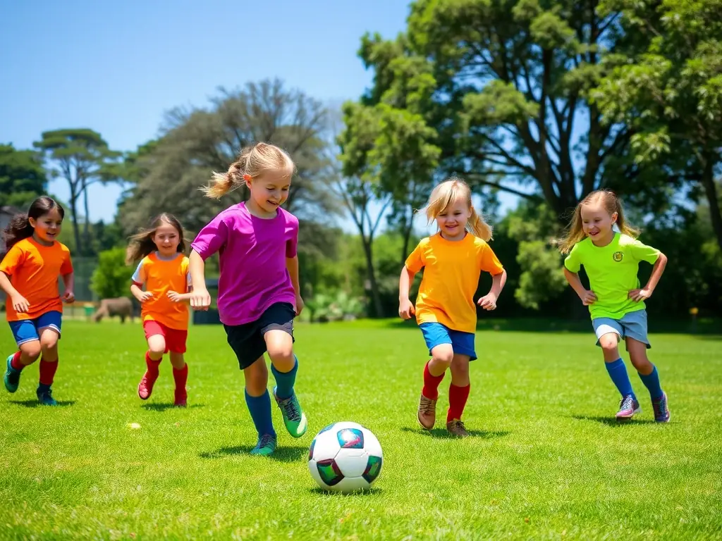 A group of children participating in a soccer training session, focusing on teamwork and skill development, set against a backdrop of the Lioran mountains.