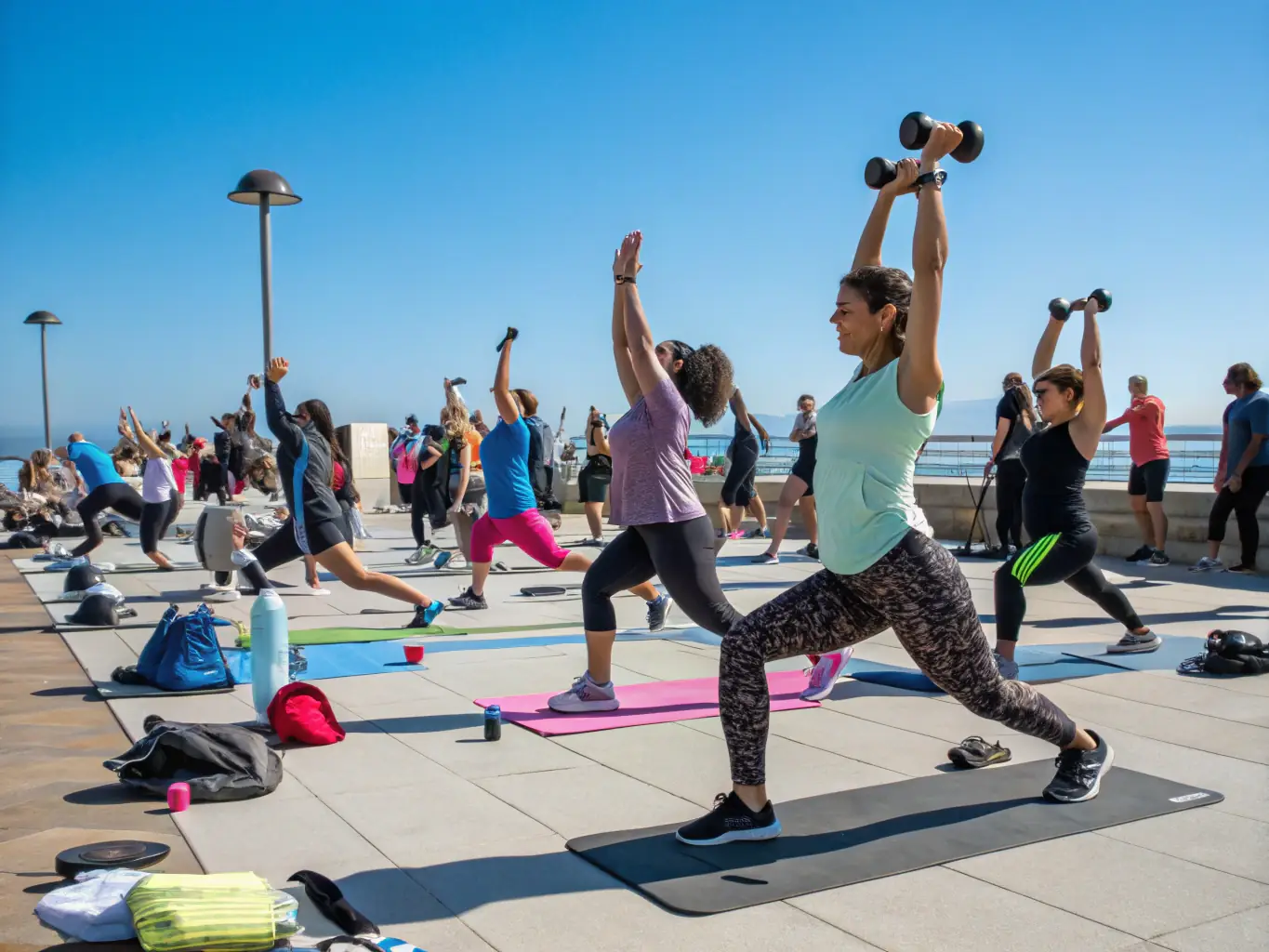 An action shot of adults participating in a fitness class at CLUB DES SPORTS DU LIORAN, emphasizing the benefits of regular exercise and community support.
